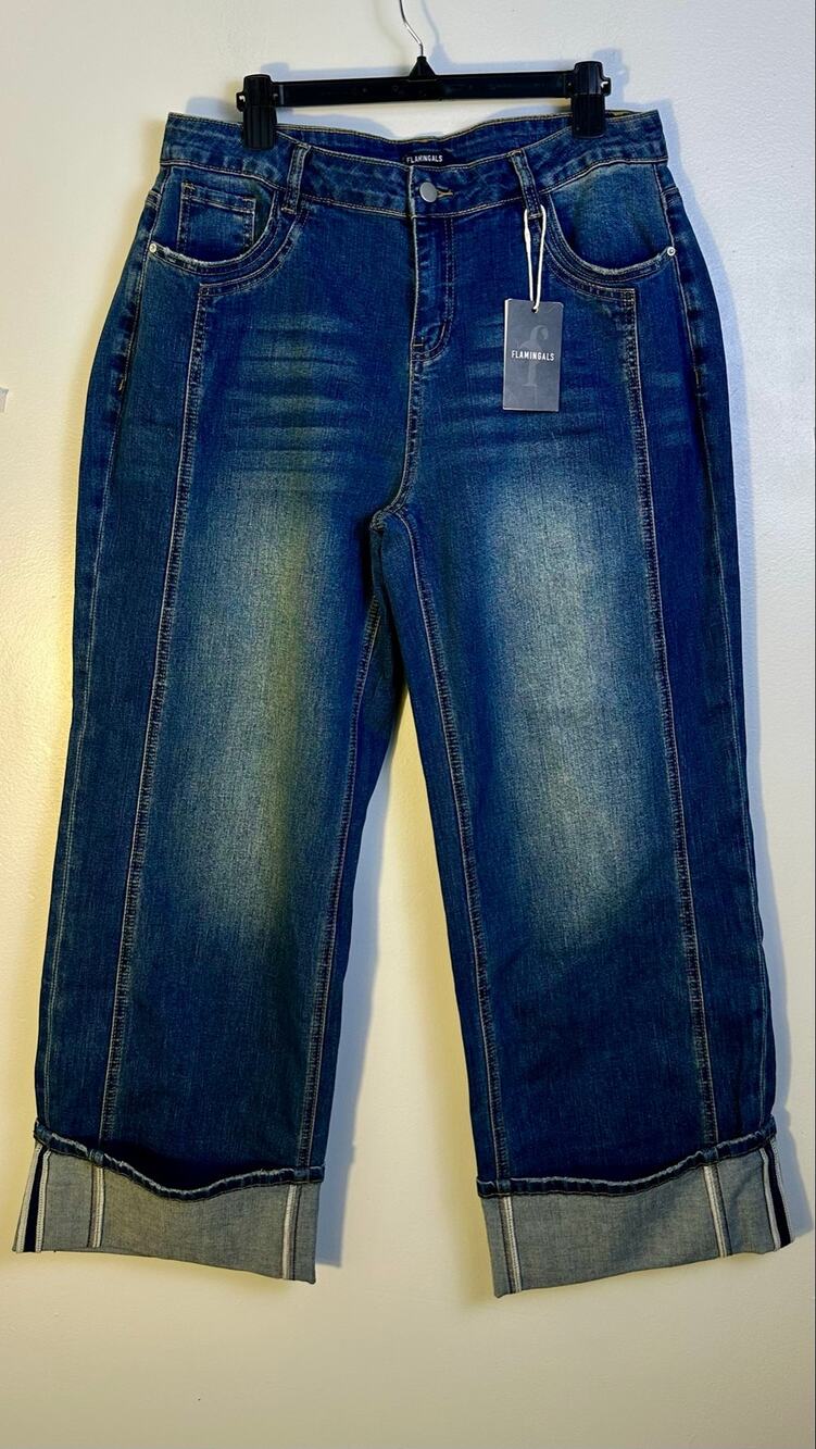 2XL Cuffed Wide Leg Crop Jeans Blue Stretch Denim Y2K Trendy Casual NWT